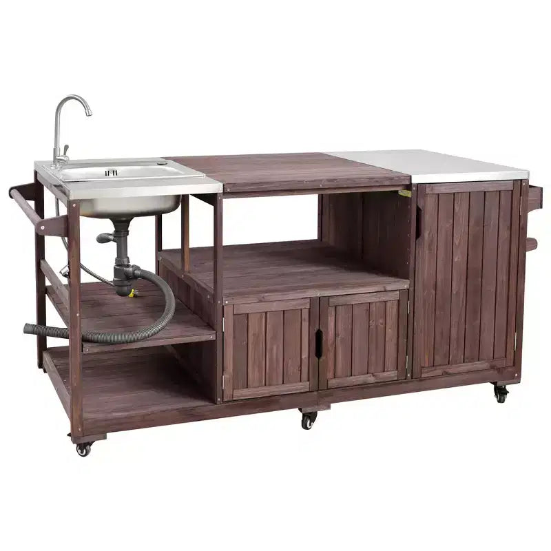 Whisen 75.4 Outdoor Kitchen Island, Solid Wood Grill Cart, Rolling Outdoor Bar Cart with Sink, Egg Grills, Stainless Steel Top