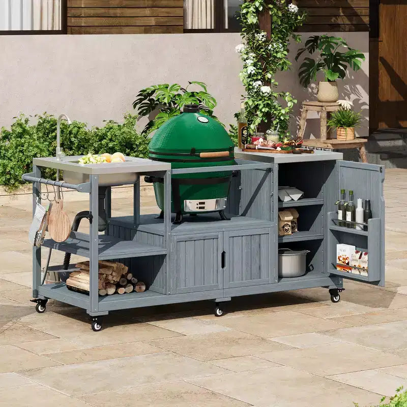 Whisen 75.4 Outdoor Kitchen Island, Solid Wood Grill Cart, Rolling Outdoor Bar Cart with Sink, Egg Grills, Stainless Steel Top