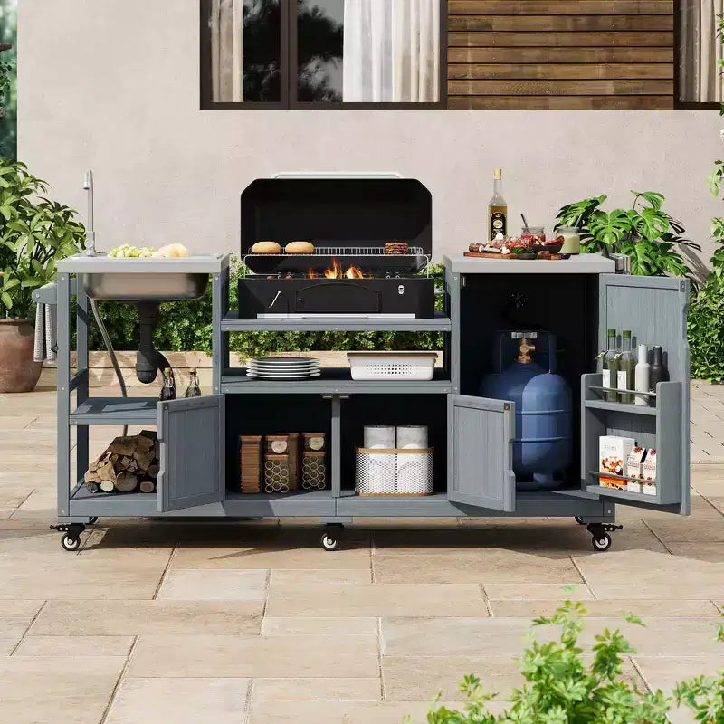 Whisen 75.4 Outdoor Kitchen Island, Solid Wood Grill Cart, Rolling Outdoor Bar Cart with Sink, Egg Grills, Stainless Steel Top