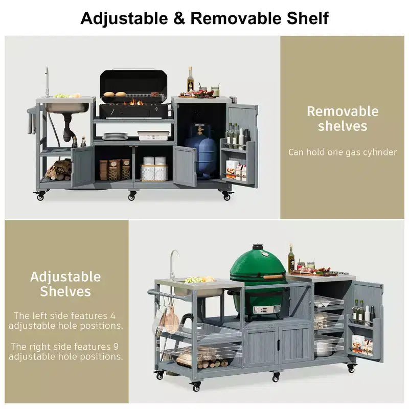 Whisen 75.4 Outdoor Kitchen Island, Solid Wood Grill Cart, Rolling Outdoor Bar Cart with Sink, Egg Grills, Stainless Steel Top