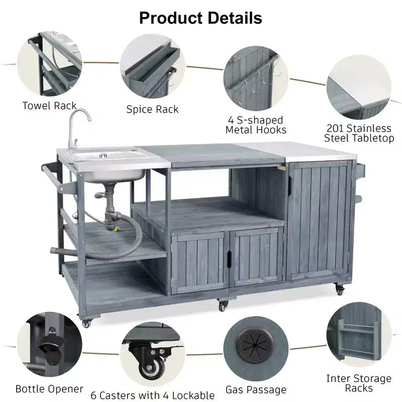 Whisen 75.4 Outdoor Kitchen Island, Solid Wood Grill Cart, Rolling Outdoor Bar Cart with Sink, Egg Grills, Stainless Steel Top