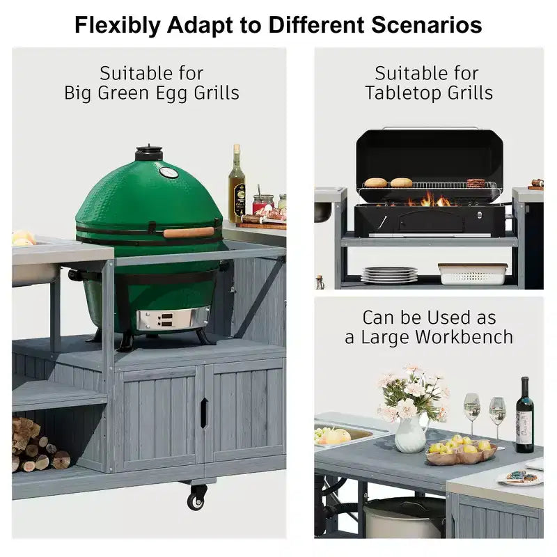 Whisen 75.4 Outdoor Kitchen Island, Solid Wood Grill Cart, Rolling Outdoor Bar Cart with Sink, Egg Grills, Stainless Steel Top