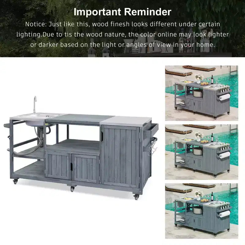 Whisen 75.4 Outdoor Kitchen Island, Solid Wood Grill Cart, Rolling Outdoor Bar Cart with Sink, Egg Grills, Stainless Steel Top