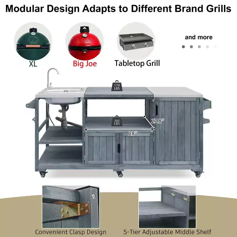 Whisen 75.4 Outdoor Kitchen Island, Solid Wood Grill Cart, Rolling Outdoor Bar Cart with Sink, Egg Grills, Stainless Steel Top