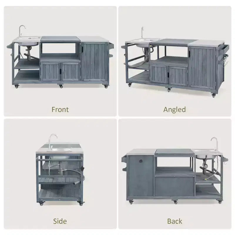 Whisen 75.4 Outdoor Kitchen Island, Solid Wood Grill Cart, Rolling Outdoor Bar Cart with Sink, Egg Grills, Stainless Steel Top