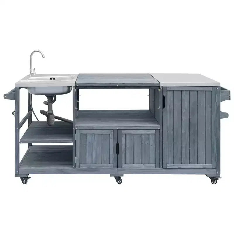 Whisen 75.4 Outdoor Kitchen Island, Solid Wood Grill Cart, Rolling Outdoor Bar Cart with Sink, Egg Grills, Stainless Steel Top