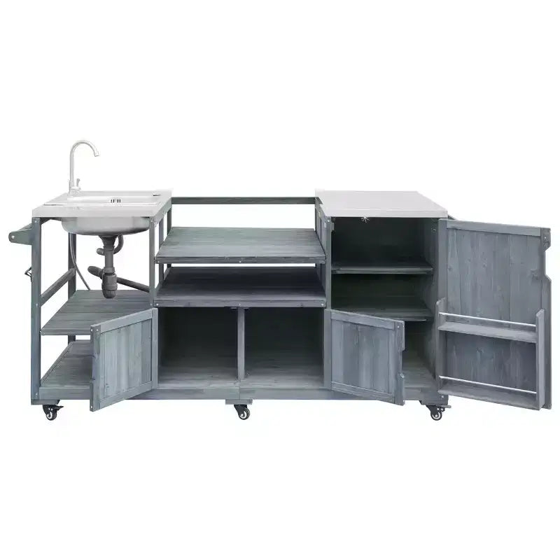 Whisen 75.4 Outdoor Kitchen Island, Solid Wood Grill Cart, Rolling Outdoor Bar Cart with Sink, Egg Grills, Stainless Steel Top