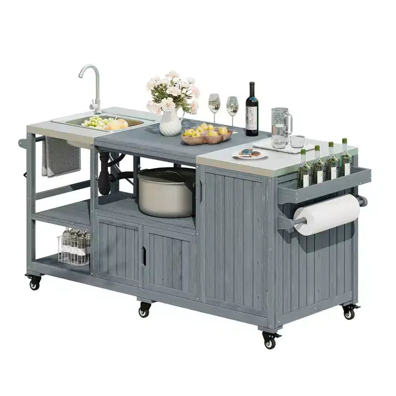 Whisen 75.4 Outdoor Kitchen Island, Solid Wood Grill Cart, Rolling Outdoor Bar Cart with Sink, Egg Grills, Stainless Steel Top
