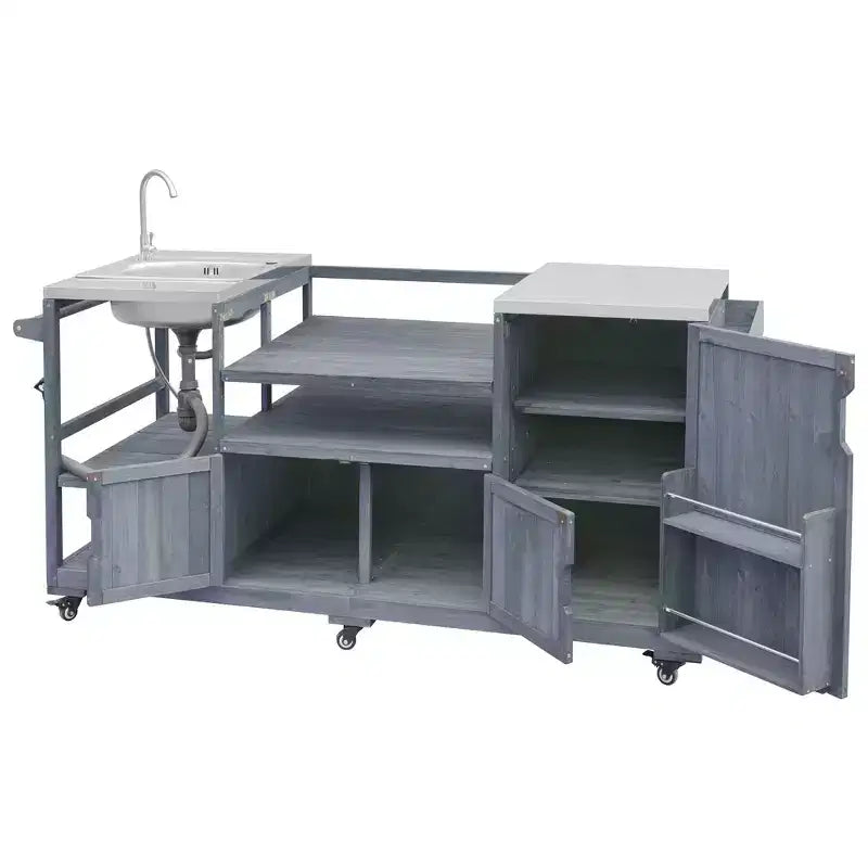 Whisen 75.4 Outdoor Kitchen Island, Solid Wood Grill Cart, Rolling Outdoor Bar Cart with Sink, Egg Grills, Stainless Steel Top