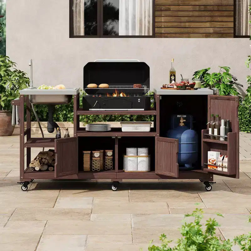 Whisen 75.4 Outdoor Kitchen Island, Solid Wood Grill Cart, Rolling Outdoor Bar Cart with Sink, Egg Grills, Stainless Steel Top