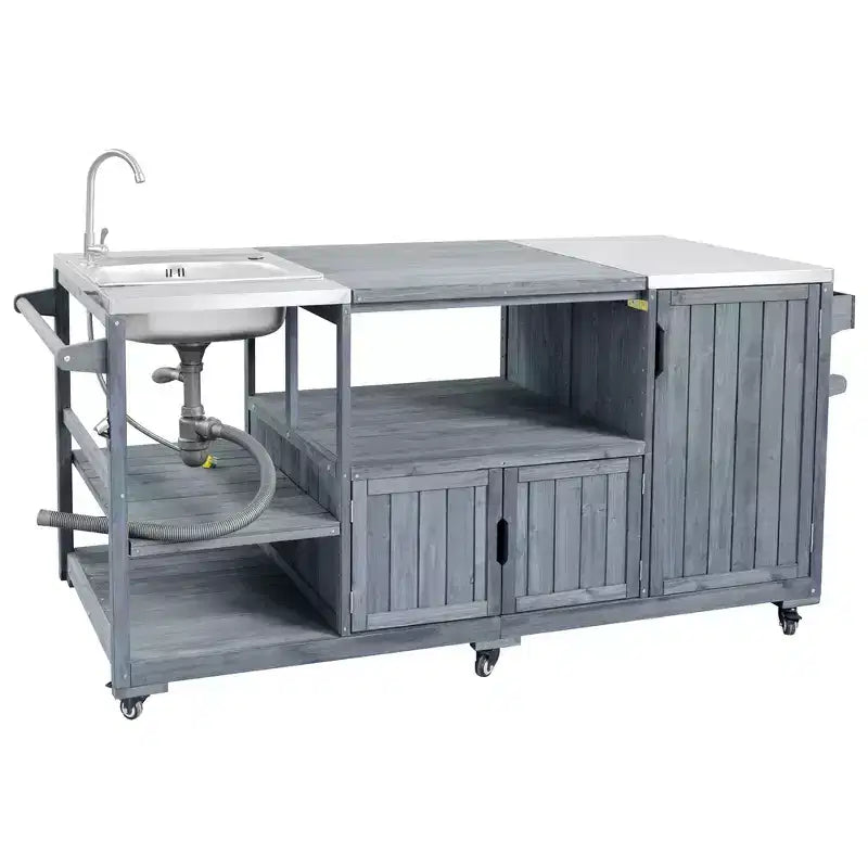 Whisen 75.4 Outdoor Kitchen Island, Solid Wood Grill Cart, Rolling Outdoor Bar Cart with Sink, Egg Grills, Stainless Steel Top