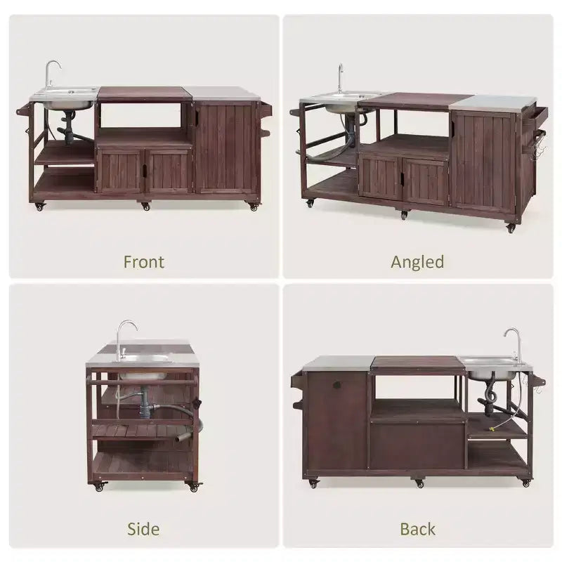 Whisen 75.4 Outdoor Kitchen Island, Solid Wood Grill Cart, Rolling Outdoor Bar Cart with Sink, Egg Grills, Stainless Steel Top