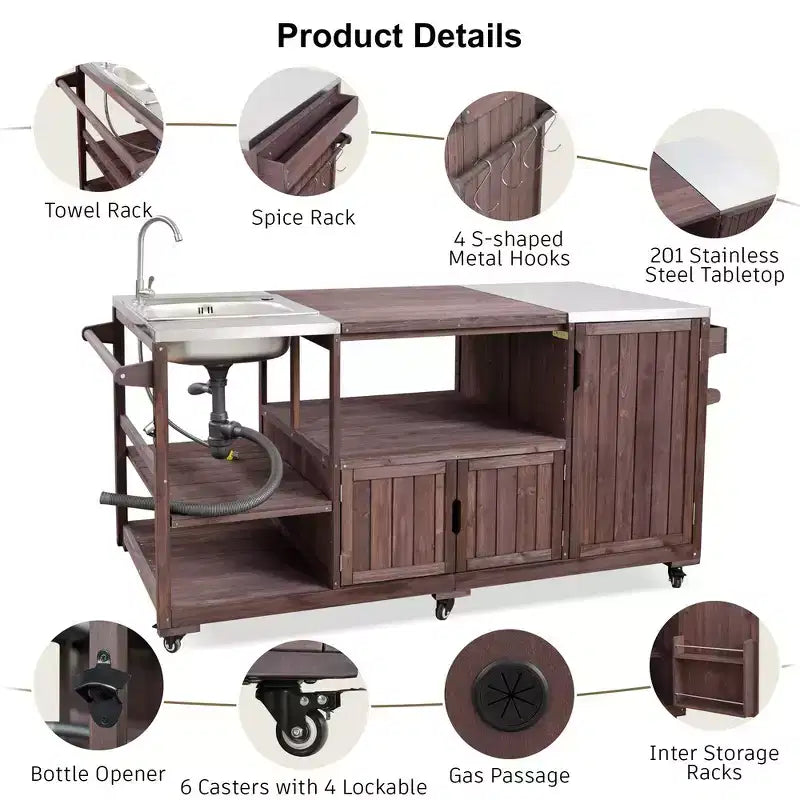 Whisen 75.4 Outdoor Kitchen Island, Solid Wood Grill Cart, Rolling Outdoor Bar Cart with Sink, Egg Grills, Stainless Steel Top