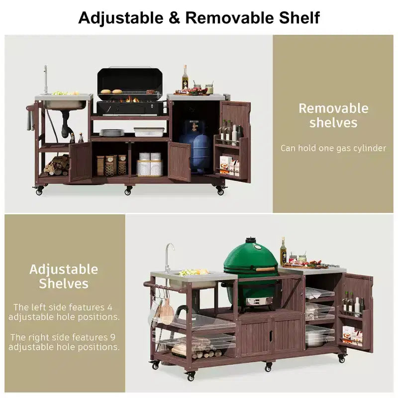 Whisen 75.4 Outdoor Kitchen Island, Solid Wood Grill Cart, Rolling Outdoor Bar Cart with Sink, Egg Grills, Stainless Steel Top