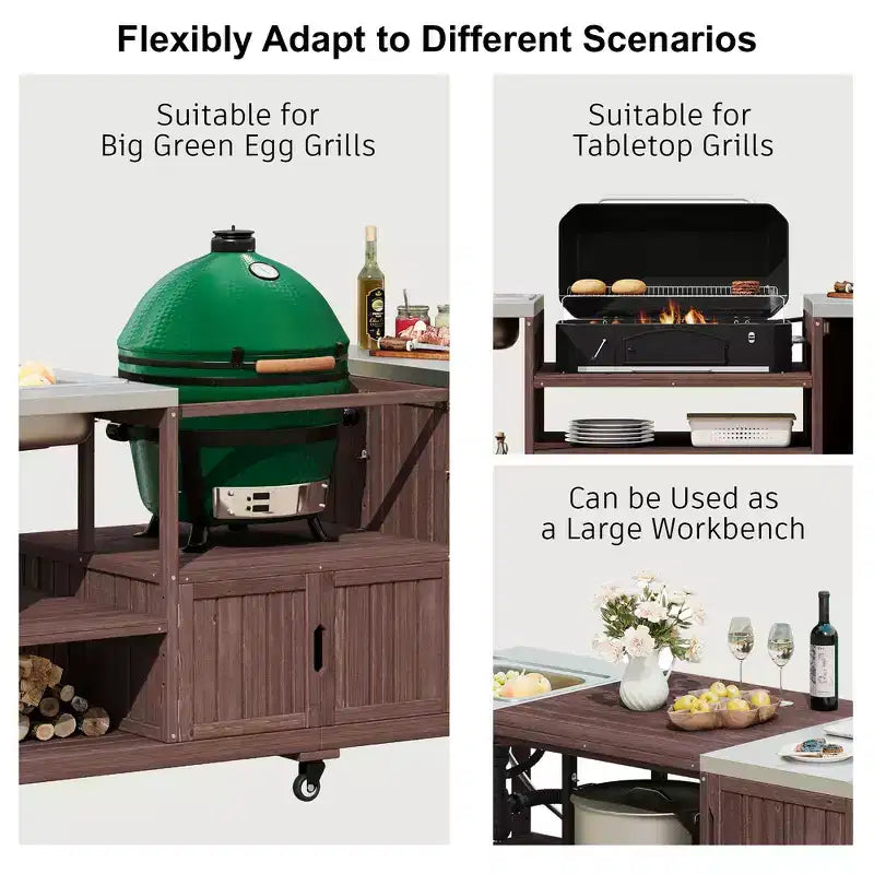 Whisen 75.4 Outdoor Kitchen Island, Solid Wood Grill Cart, Rolling Outdoor Bar Cart with Sink, Egg Grills, Stainless Steel Top