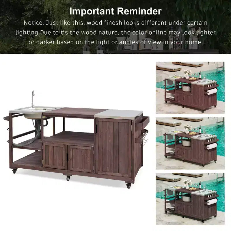 Whisen 75.4 Outdoor Kitchen Island, Solid Wood Grill Cart, Rolling Outdoor Bar Cart with Sink, Egg Grills, Stainless Steel Top
