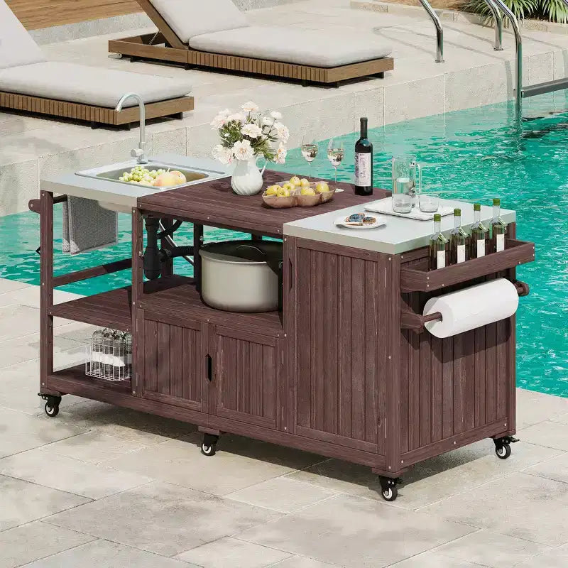 Whisen 75.4 Outdoor Kitchen Island, Solid Wood Grill Cart, Rolling Outdoor Bar Cart with Sink, Egg Grills, Stainless Steel Top