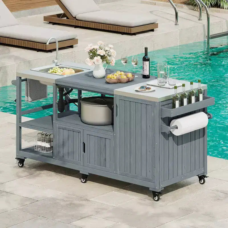 Whisen 75.4 Outdoor Kitchen Island, Solid Wood Grill Cart, Rolling Outdoor Bar Cart with Sink, Egg Grills, Stainless Steel Top