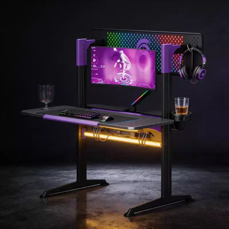 RSPGAME 54''Gaming Desk wtih RGB Monitor Stand, LED Gamer Desk with Power Outlet, Ergonomic Computer Desk with Storage Boxes,Black