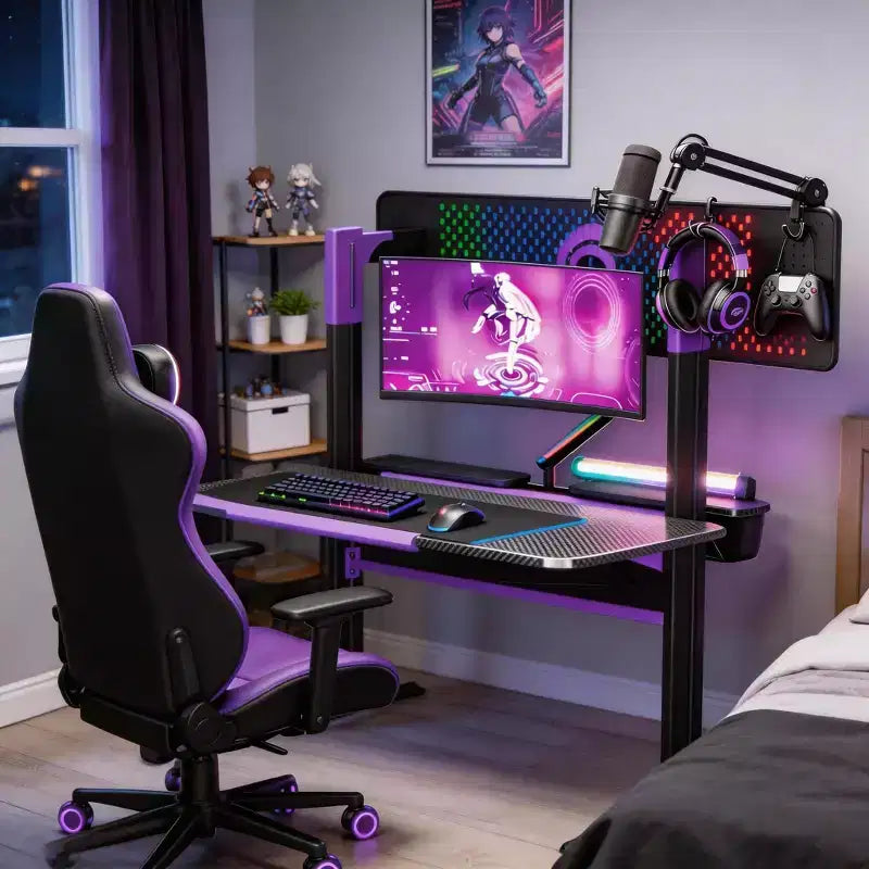 RSPGAME 54''Gaming Desk wtih RGB Monitor Stand, LED Gamer Desk with Power Outlet, Ergonomic Computer Desk with Storage Boxes,Black