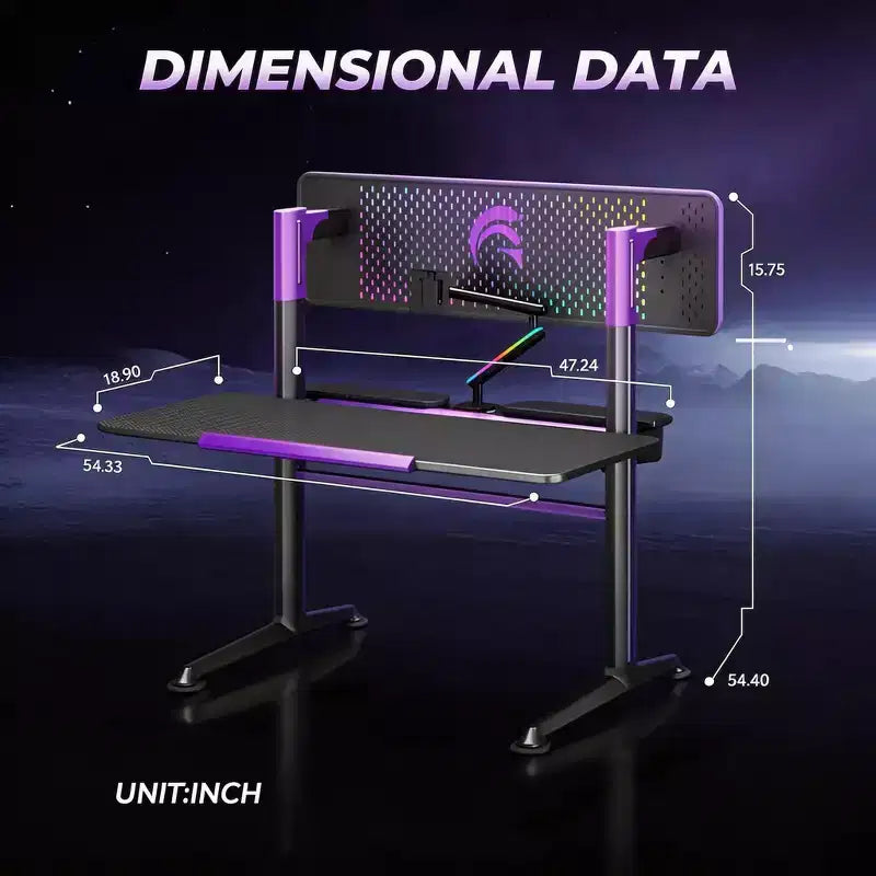 RSPGAME 54''Gaming Desk wtih RGB Monitor Stand, LED Gamer Desk with Power Outlet, Ergonomic Computer Desk with Storage Boxes,Black
