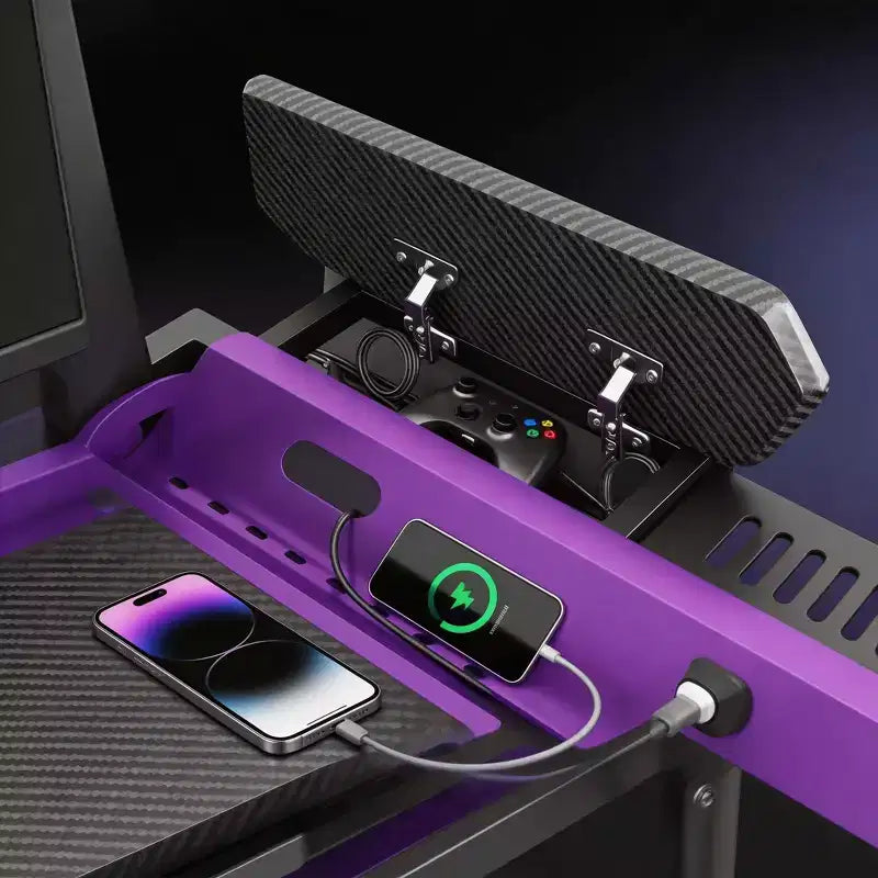 RSPGAME 54''Gaming Desk wtih RGB Monitor Stand, LED Gamer Desk with Power Outlet, Ergonomic Computer Desk with Storage Boxes,Black