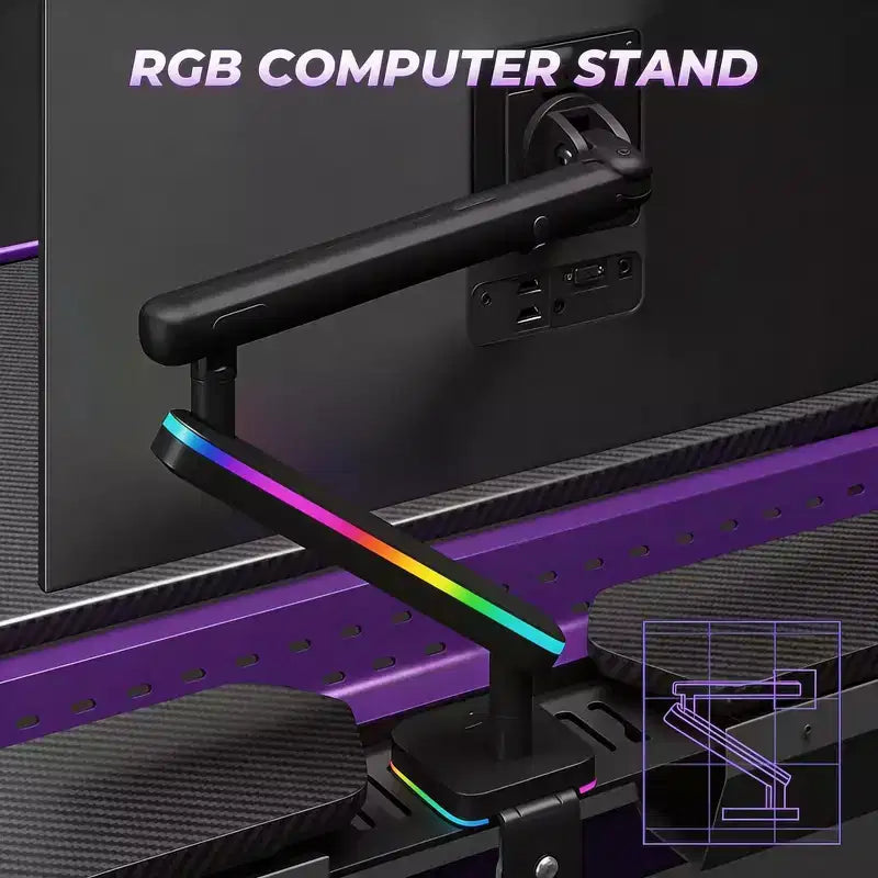 RSPGAME 54''Gaming Desk wtih RGB Monitor Stand, LED Gamer Desk with Power Outlet, Ergonomic Computer Desk with Storage Boxes,Black