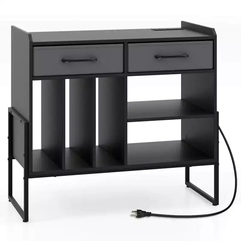 Costway Large Record Player Stand with Charging Station, 2 Fabric Drawers, Adjustable Shelf Rustic Brown & Gray/Black/White