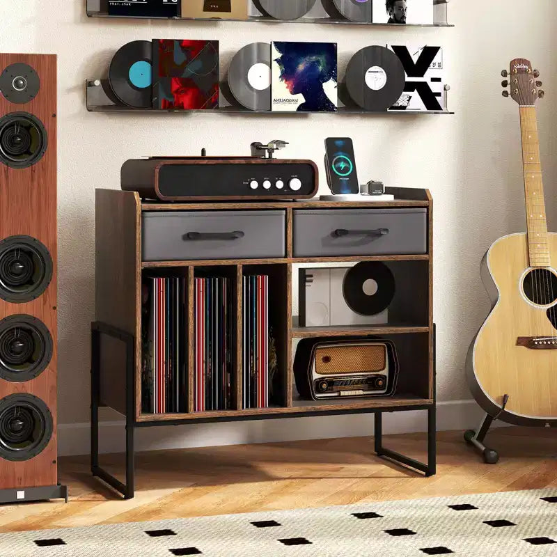 Costway Large Record Player Stand with Charging Station, 2 Fabric Drawers, Adjustable Shelf Rustic Brown & Gray/Black/White