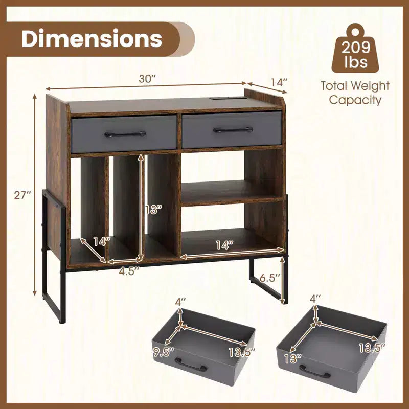 Costway Large Record Player Stand with Charging Station, 2 Fabric Drawers, Adjustable Shelf Rustic Brown & Gray/Black/White