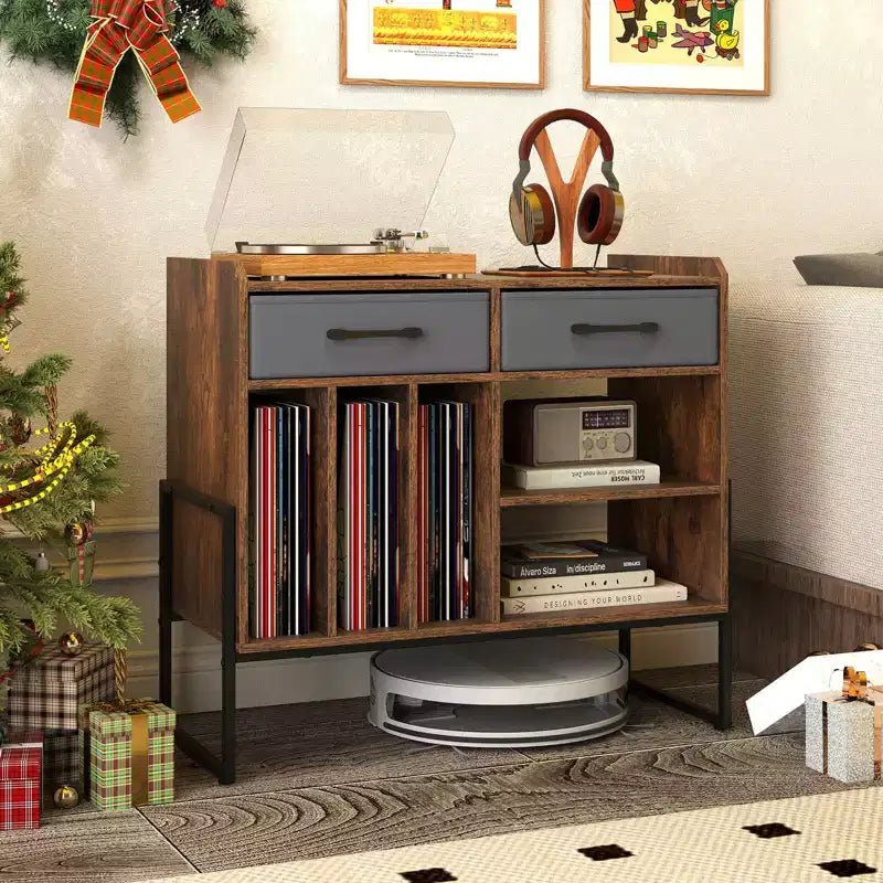 Costway Large Record Player Stand with Charging Station, 2 Fabric Drawers, Adjustable Shelf Rustic Brown & Gray/Black/White