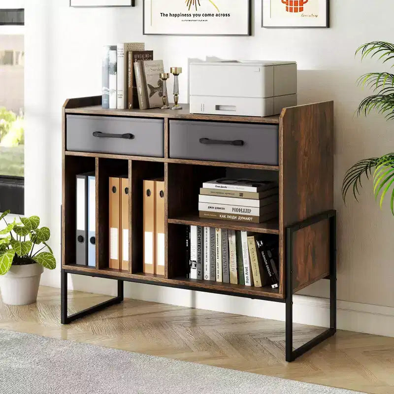 Costway Large Record Player Stand with Charging Station, 2 Fabric Drawers, Adjustable Shelf Rustic Brown & Gray/Black/White