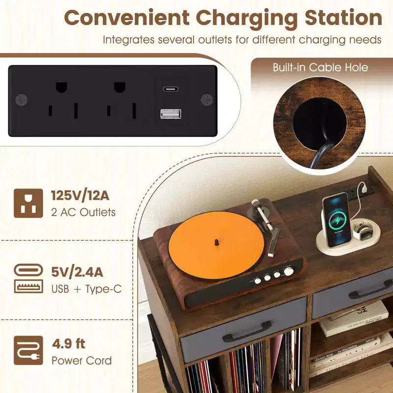 Costway Large Record Player Stand with Charging Station, 2 Fabric Drawers, Adjustable Shelf Rustic Brown & Gray/Black/White