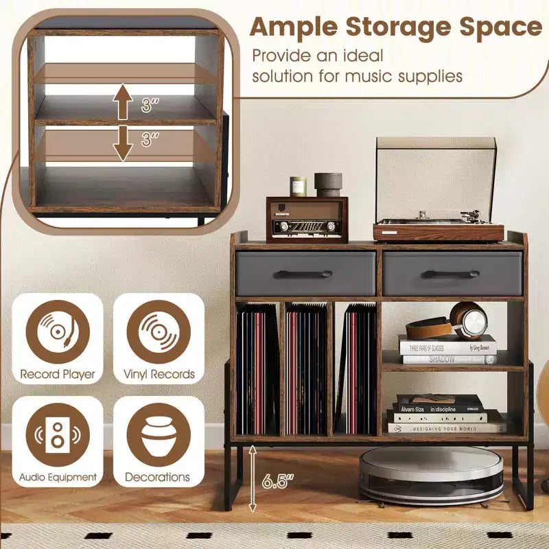 Costway Large Record Player Stand with Charging Station, 2 Fabric Drawers, Adjustable Shelf Rustic Brown & Gray/Black/White