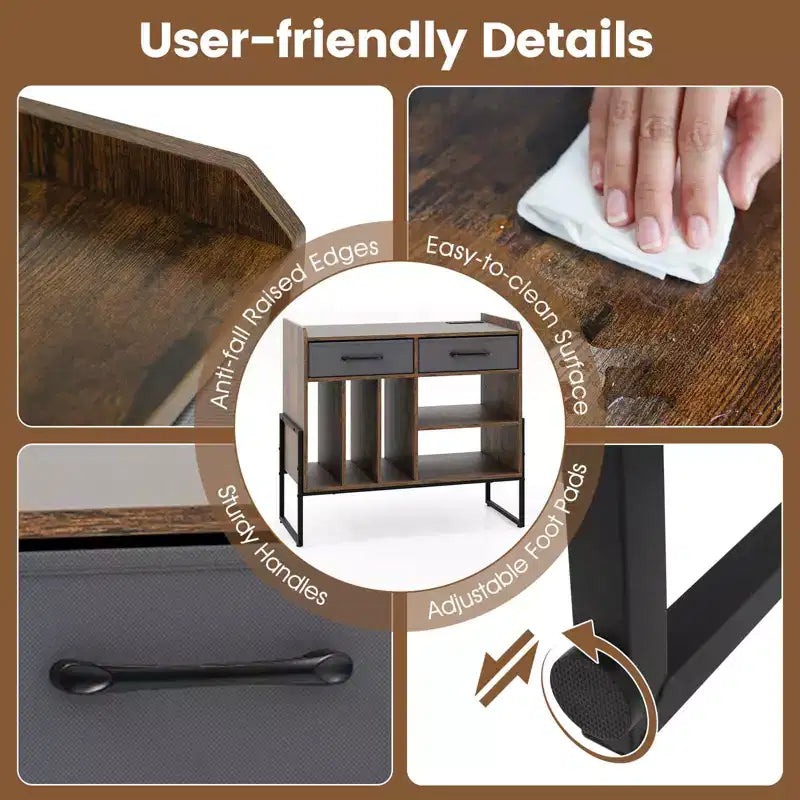 Costway Large Record Player Stand with Charging Station, 2 Fabric Drawers, Adjustable Shelf Rustic Brown & Gray/Black/White