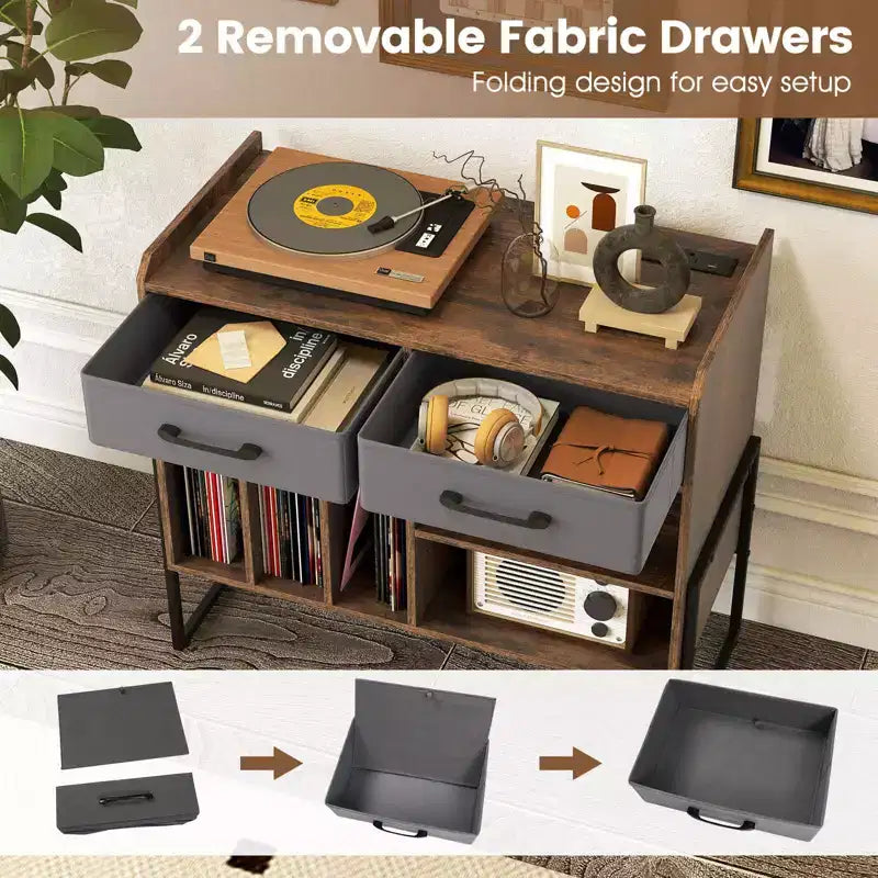 Costway Large Record Player Stand with Charging Station, 2 Fabric Drawers, Adjustable Shelf Rustic Brown & Gray/Black/White