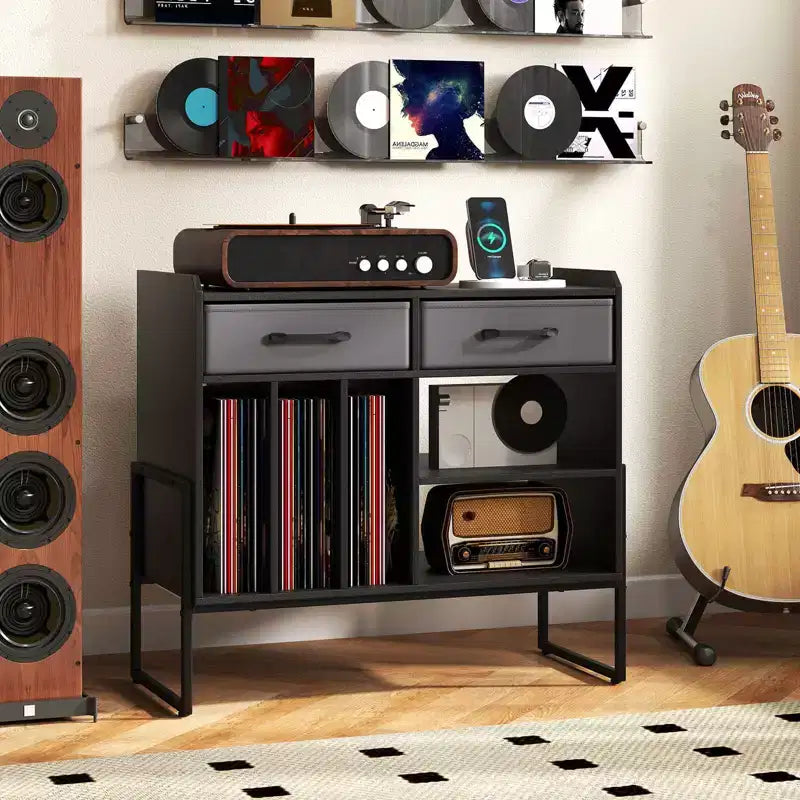 Costway Large Record Player Stand with Charging Station, 2 Fabric Drawers, Adjustable Shelf Rustic Brown & Gray/Black/White