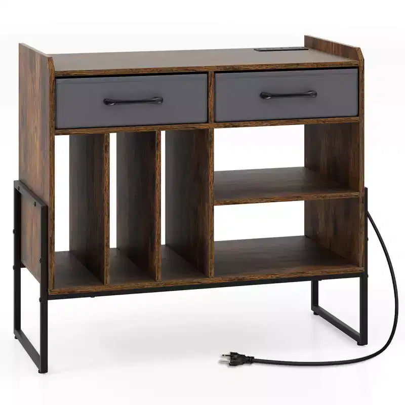 Costway Large Record Player Stand with Charging Station, 2 Fabric Drawers, Adjustable Shelf Rustic Brown & Gray/Black/White