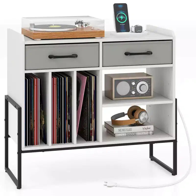 Costway Large Record Player Stand with Charging Station, 2 Fabric Drawers, Adjustable Shelf Rustic Brown & Gray/Black/White