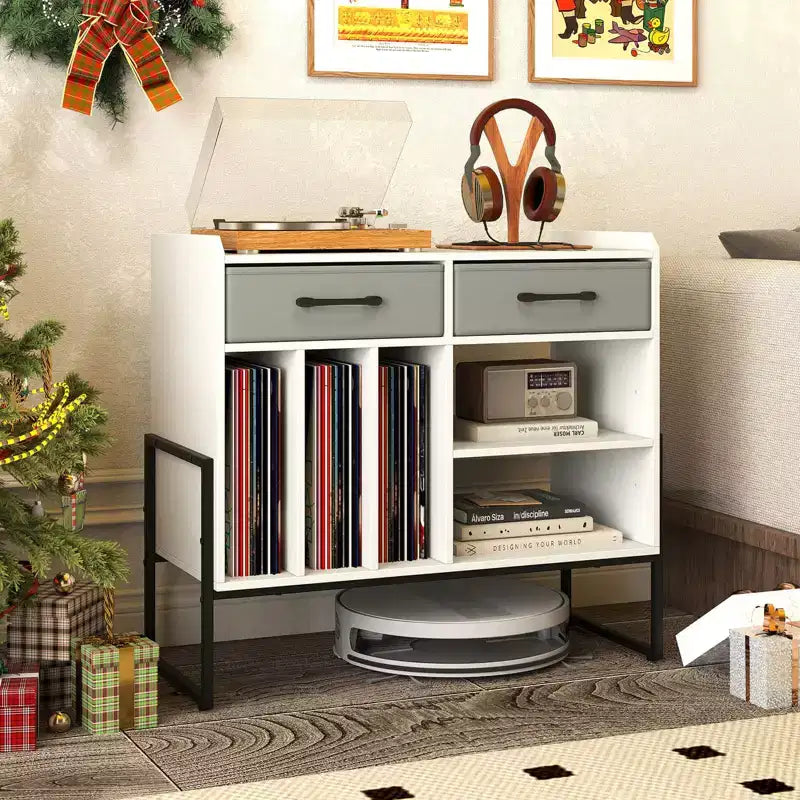 Costway Large Record Player Stand with Charging Station, 2 Fabric Drawers, Adjustable Shelf Rustic Brown & Gray/Black/White