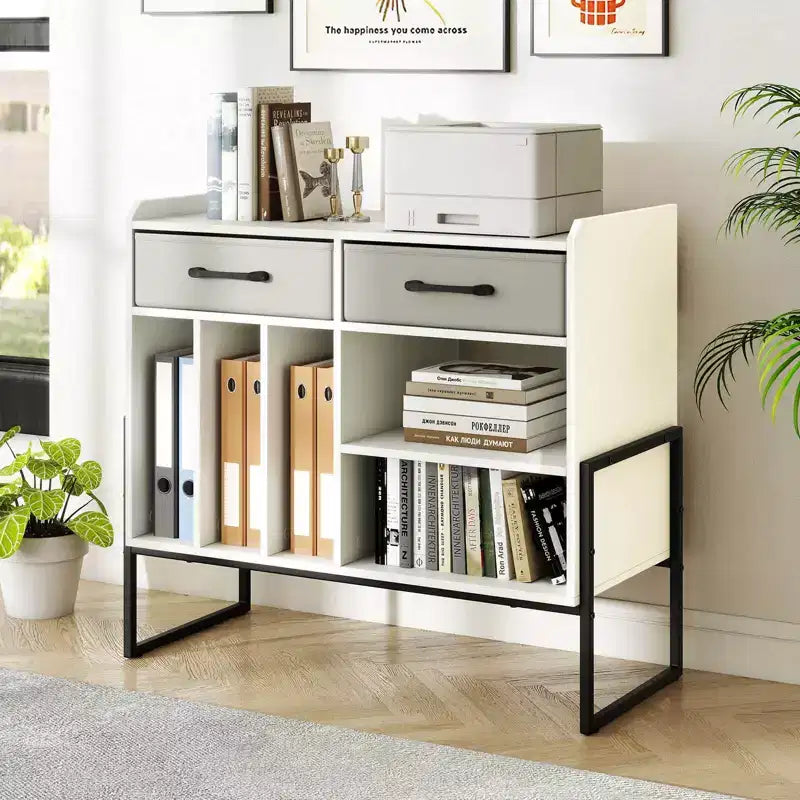 Costway Large Record Player Stand with Charging Station, 2 Fabric Drawers, Adjustable Shelf Rustic Brown & Gray/Black/White