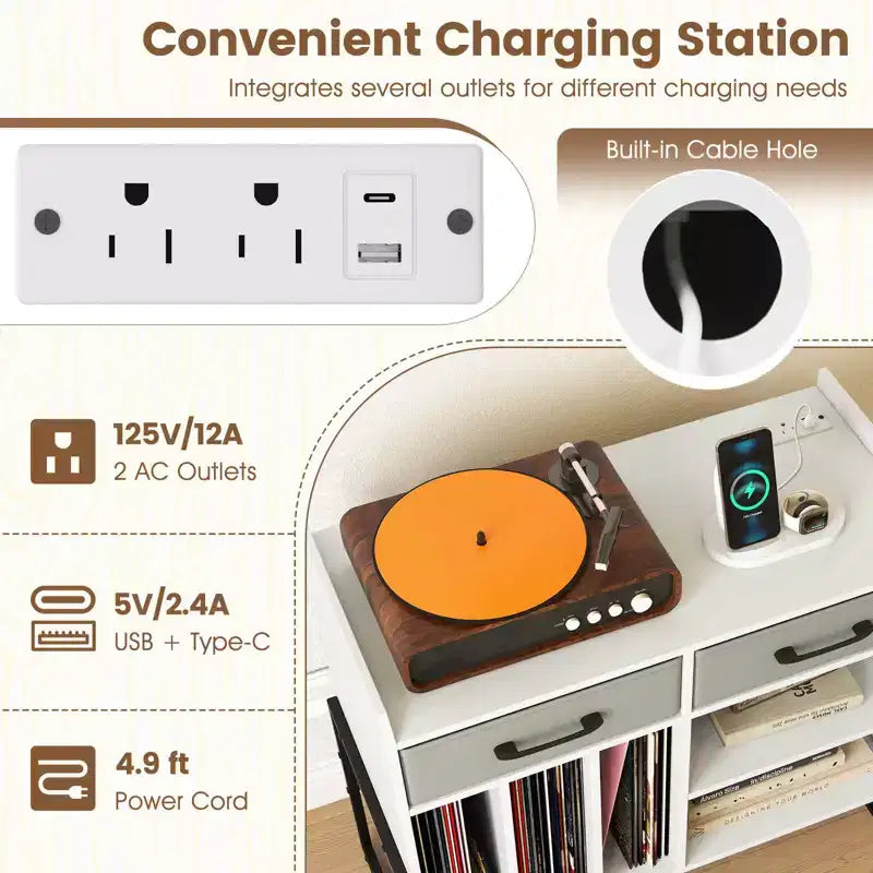 Costway Large Record Player Stand with Charging Station, 2 Fabric Drawers, Adjustable Shelf Rustic Brown & Gray/Black/White