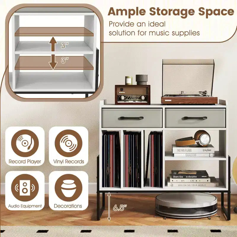 Costway Large Record Player Stand with Charging Station, 2 Fabric Drawers, Adjustable Shelf Rustic Brown & Gray/Black/White