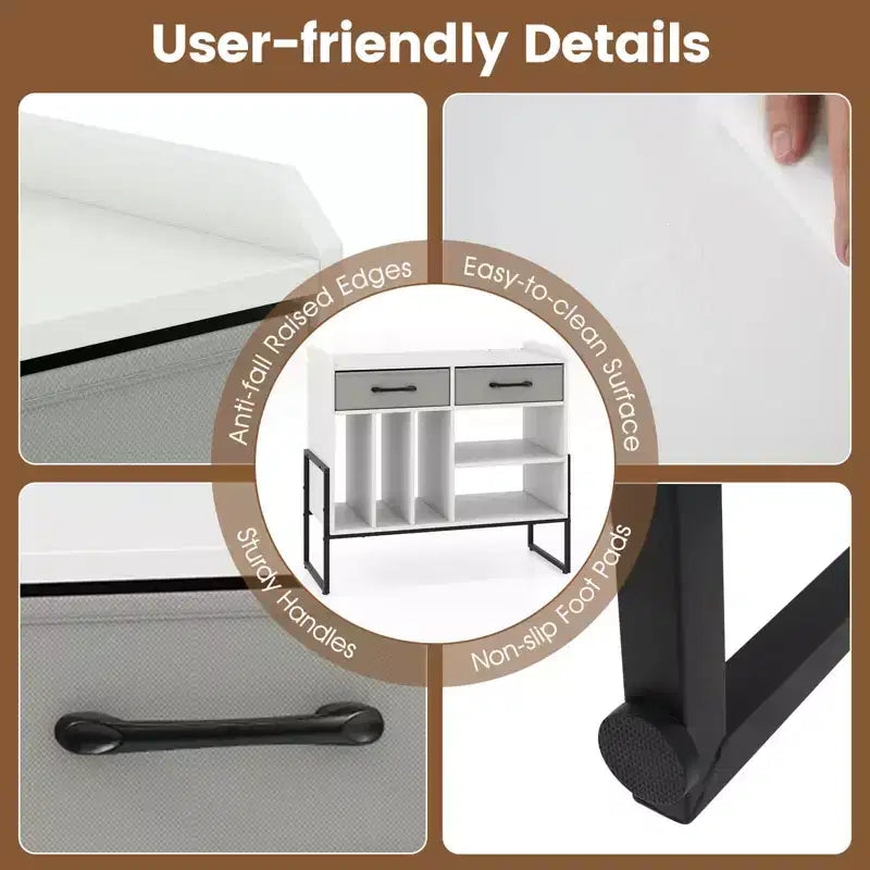 Costway Large Record Player Stand with Charging Station, 2 Fabric Drawers, Adjustable Shelf Rustic Brown & Gray/Black/White