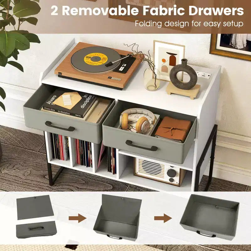 Costway Large Record Player Stand with Charging Station, 2 Fabric Drawers, Adjustable Shelf Rustic Brown & Gray/Black/White