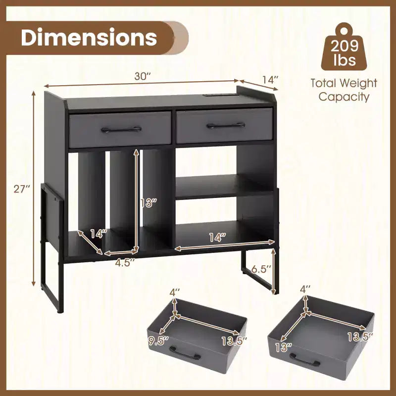 Costway Large Record Player Stand with Charging Station, 2 Fabric Drawers, Adjustable Shelf Rustic Brown & Gray/Black/White