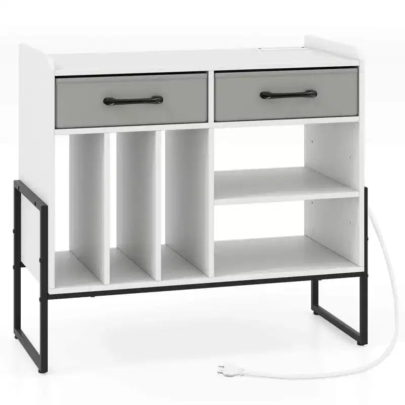 Costway Large Record Player Stand with Charging Station, 2 Fabric Drawers, Adjustable Shelf Rustic Brown & Gray/Black/White