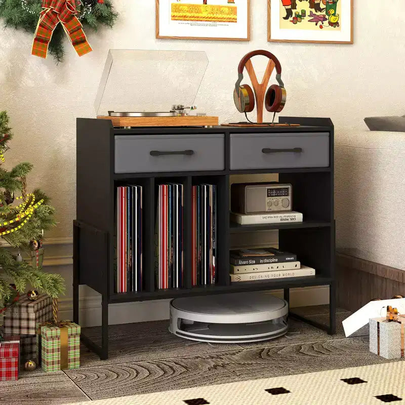 Costway Large Record Player Stand with Charging Station, 2 Fabric Drawers, Adjustable Shelf Rustic Brown & Gray/Black/White