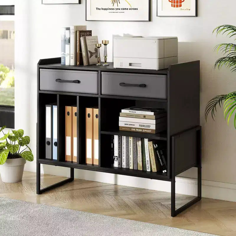 Costway Large Record Player Stand with Charging Station, 2 Fabric Drawers, Adjustable Shelf Rustic Brown & Gray/Black/White