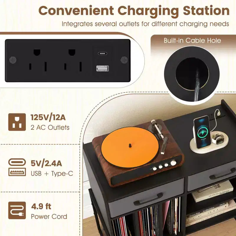 Costway Large Record Player Stand with Charging Station, 2 Fabric Drawers, Adjustable Shelf Rustic Brown & Gray/Black/White